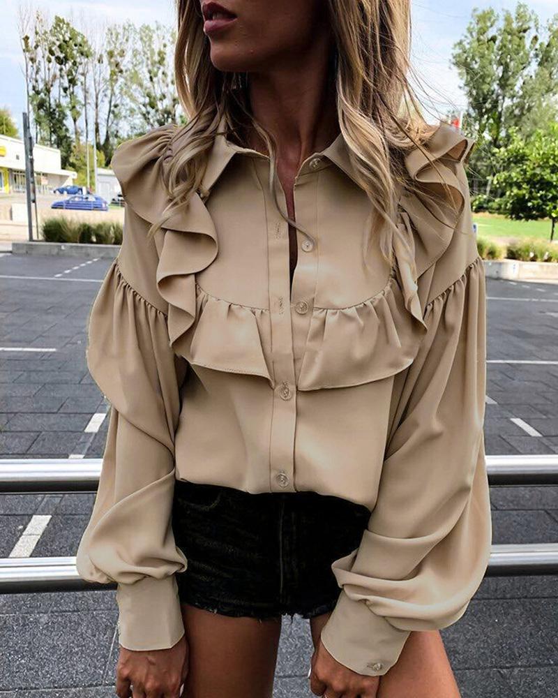 

Ruffled Lantern Sleeve Solid Blouse, Khaki