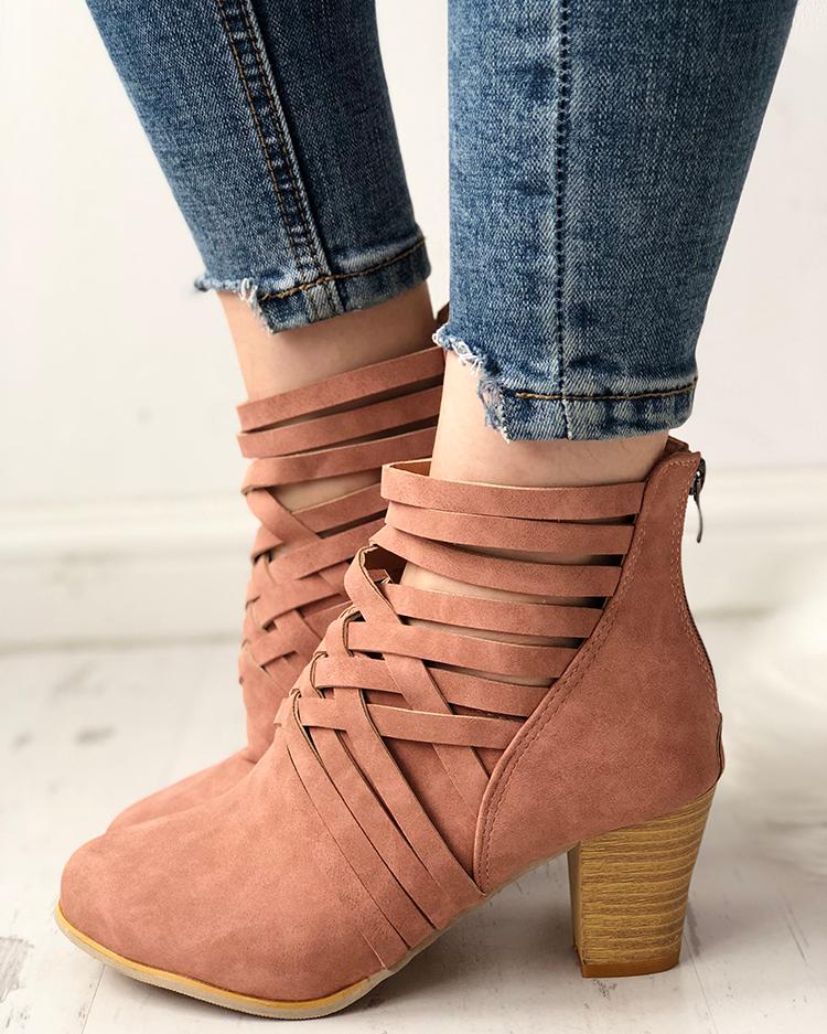 

Crisscross Caged Ankle Boots, Pink