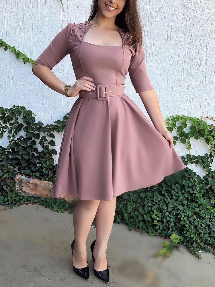 

Rivet Detail Half Sleeve Belted Pleated Dress