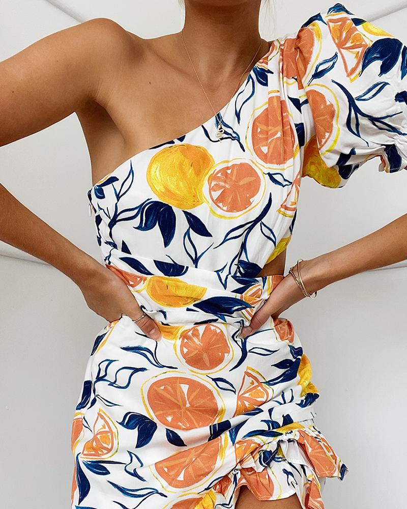 

Fruit Print One Shoulder Dress, Orange