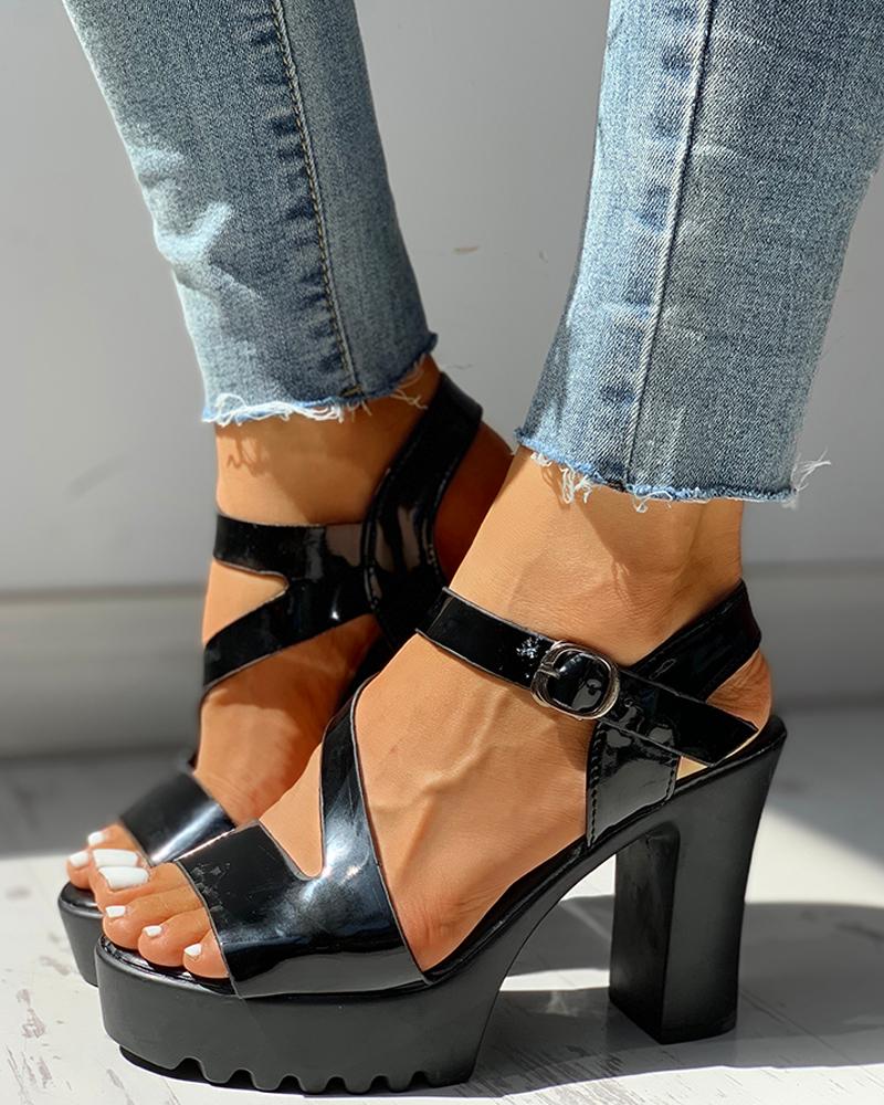 

Open Toe Ankle Strap Platform Chunky Heeled Sandals, Black