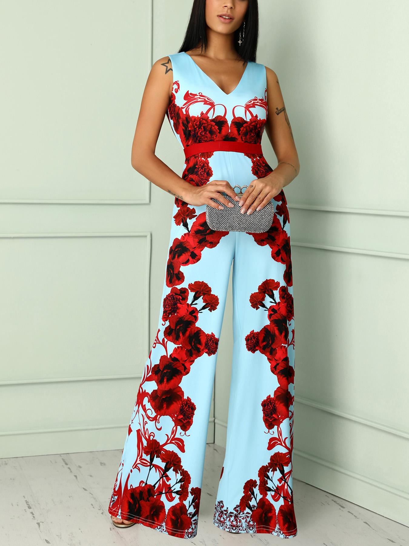 

Floral Print Sleeveless Wide Leg Jumpsuit, Light blue