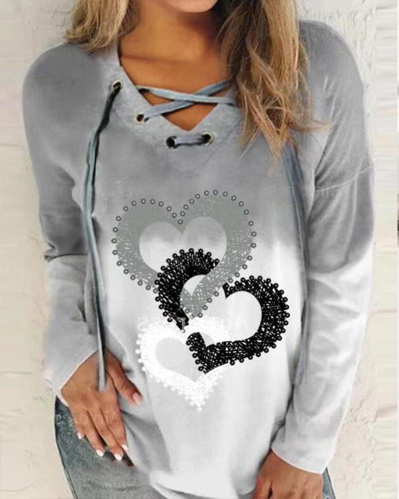 

Gradient Heart Print Long Sleeve Lace-up Blouse, Light gray