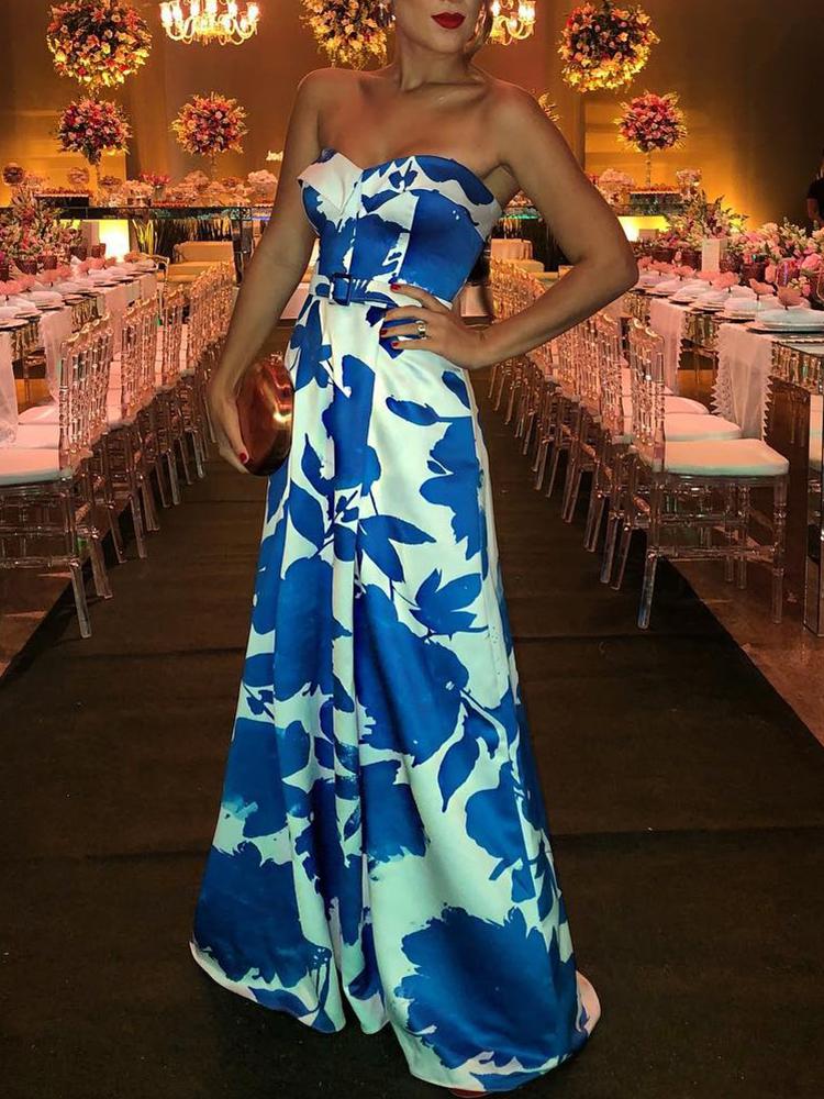 

Floral Print Strapless Belted Maxi Dress, Blue