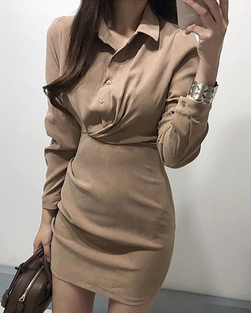 

Solid Turn-down Collar Long Sleeve Ruched Shirt Bodycon Dress, Khaki