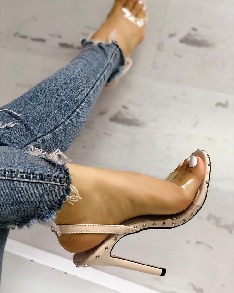 

Rivets Embellished Transparent Thin Heeled Sandals, Apricot