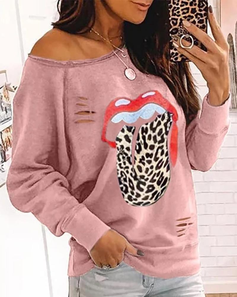 

Skew Neck Mouth Print Ripped Blouse, Pink