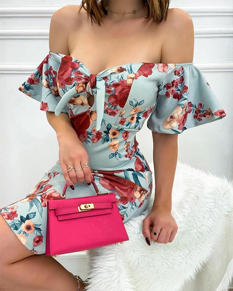 

Floral Print Bell Sleeve Mini Dress, Blue