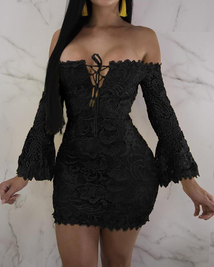

Off Shoulder Flare Sleeve Lace-up Bodycon Dress, Black