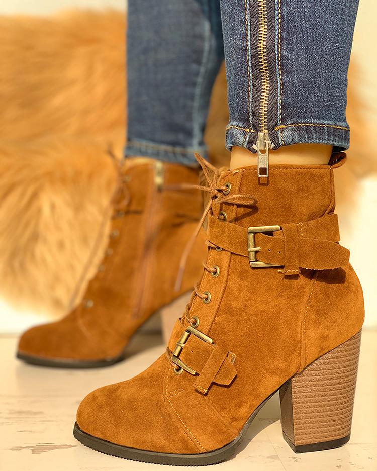 

Lace-Up Buckle Chunky Heeled Boots