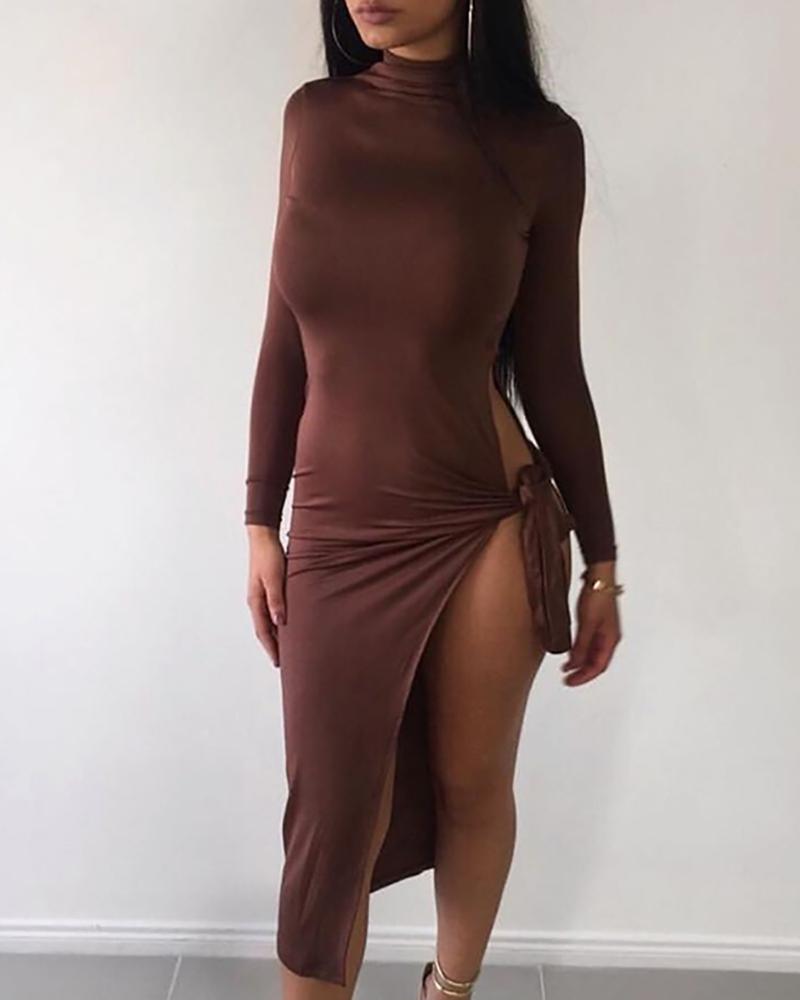 

Side Slit Solid Long Sleeve Bodycon Dress, Coffee
