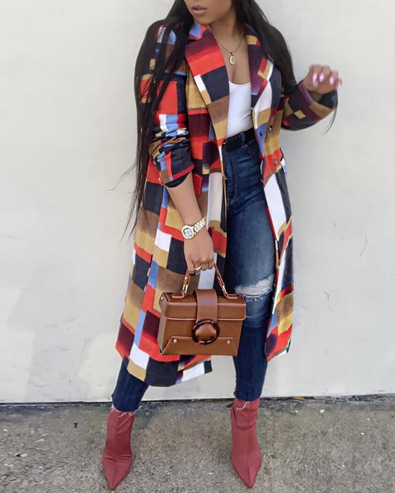 

Notched Collar Multicolor Plaid Longline Wool Coat