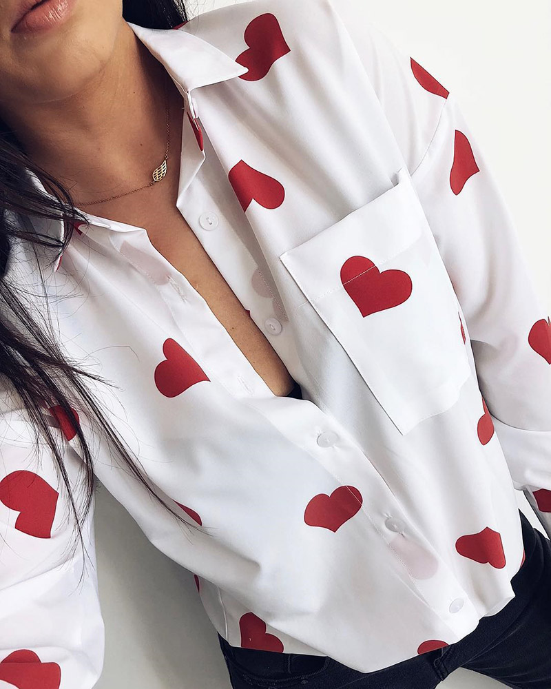 

Heart Print Long Sleeve Casual Blouse, Red