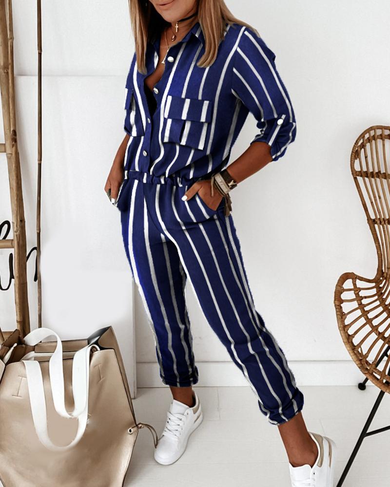 

Striped Colorblock Buttoned Pocket Design Jumpsuit, Purplish blue