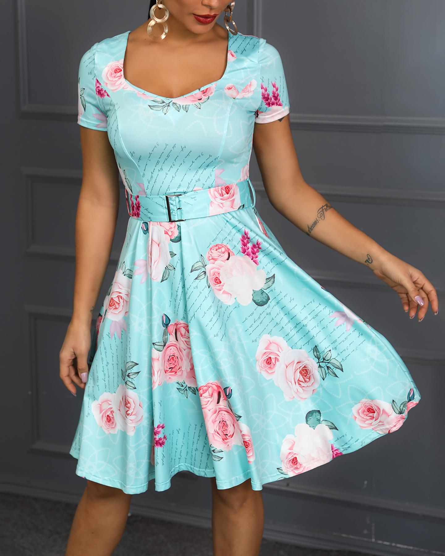 

Floral Print Self Belted Pleated Casual Dress