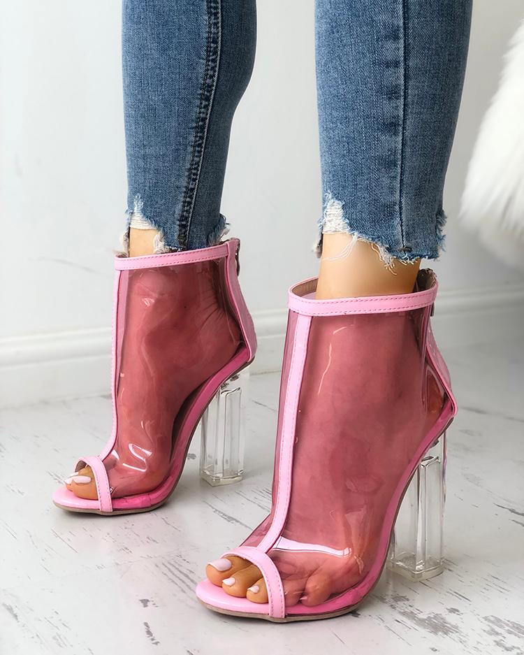 

Transparent Fish Mouth Zipper Chunky Heeled Sandals, Pink