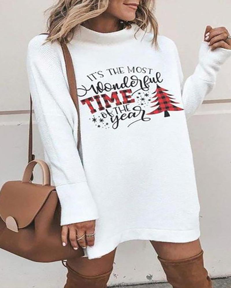 

Christmas Letter Tree Print Long Sleeve Casual Dress, White