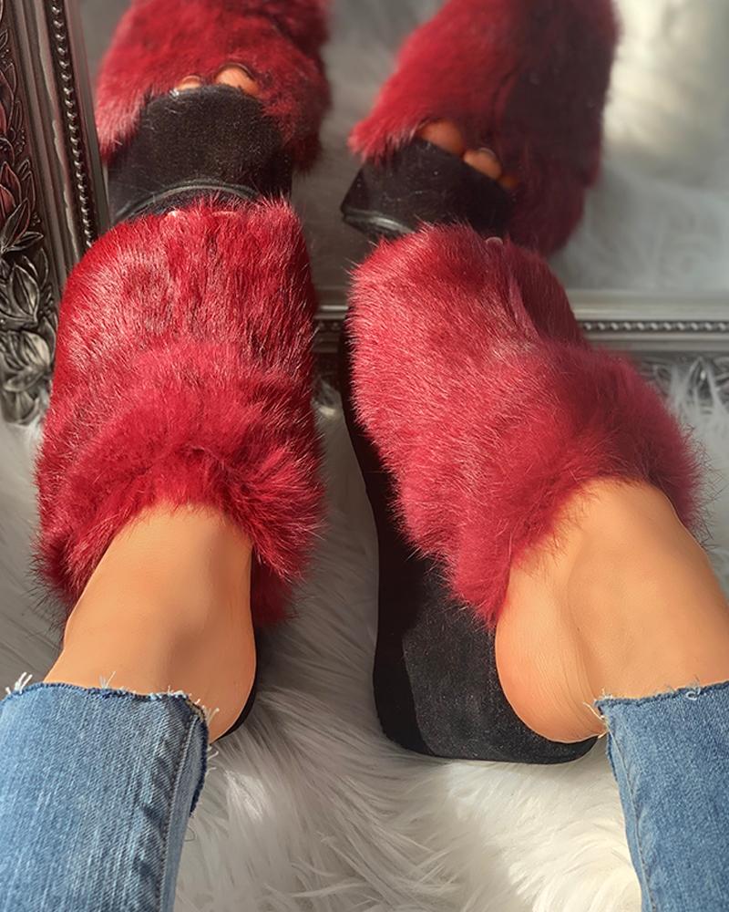 

Fluffy Peep Toe Wedge Platform Shoes, Red