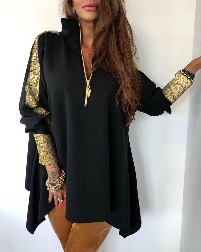 

Sequins Patchwork Zipper Design Blouse, Black