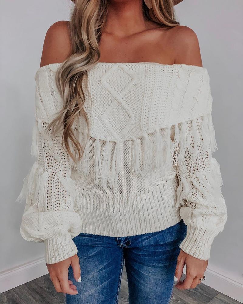 

Solid Off Shoulder Tassel Design Lantern Sleeve Sweater, White