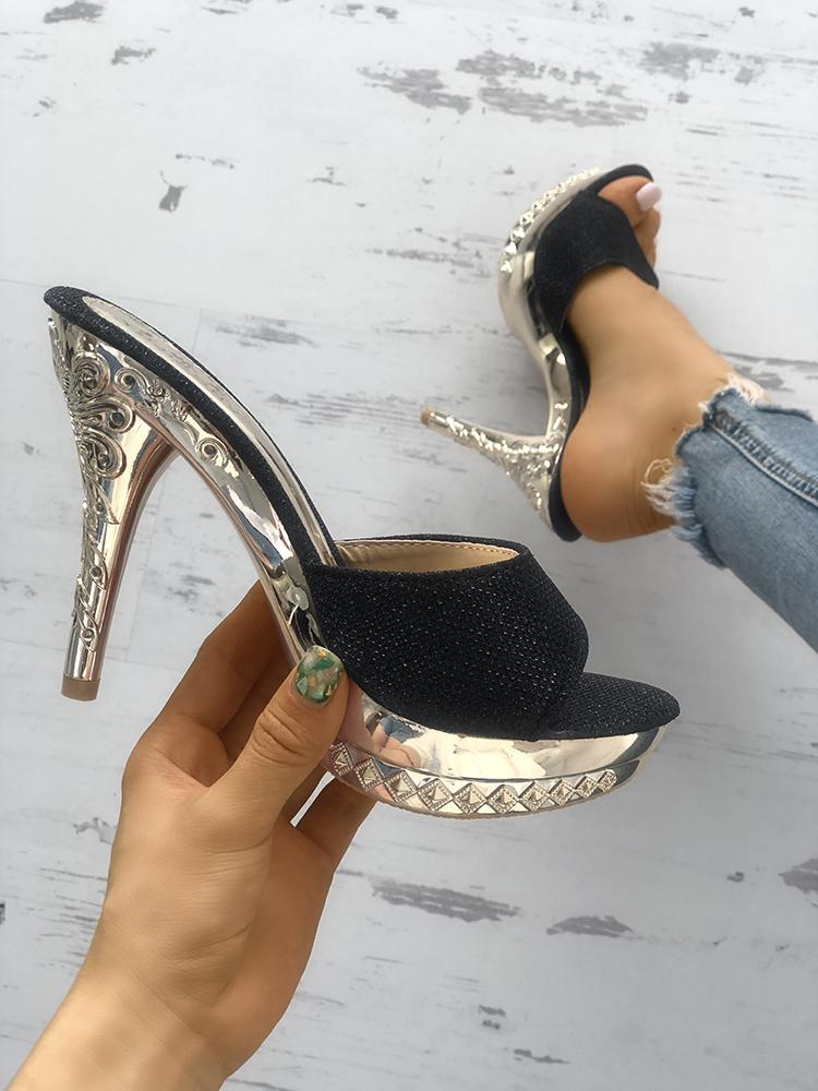 

Sparkle Single Strap Platform Thin Heeled Sandals, Black