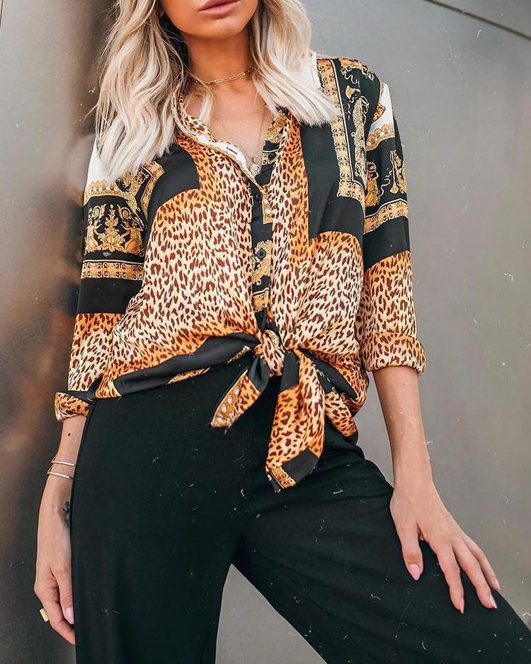 

Leopard Print Long Sleeve Casual Shirt, Brown