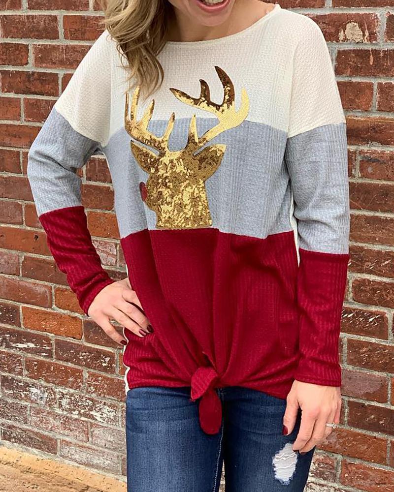 

Christmas Print Sequins Casual T-Shirt, Red