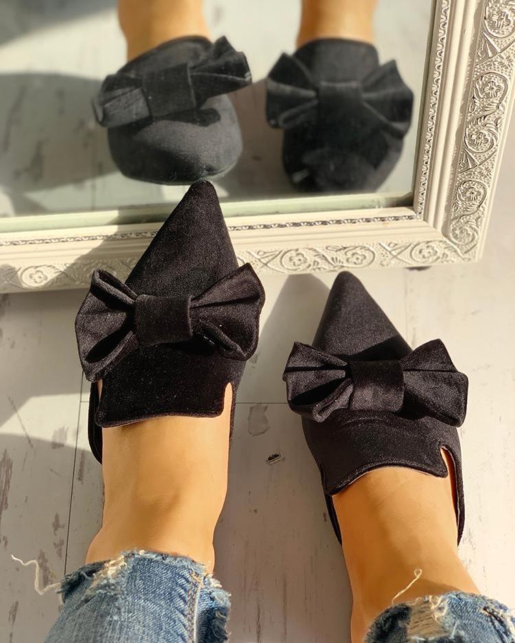 

Suede Bowknot Pointed Toe Flat Shoes, Black
