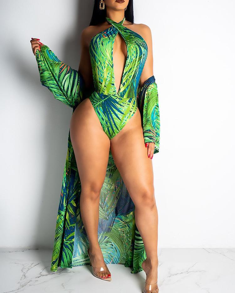 

Leaf Print One Piece Swimwear With Cover Up