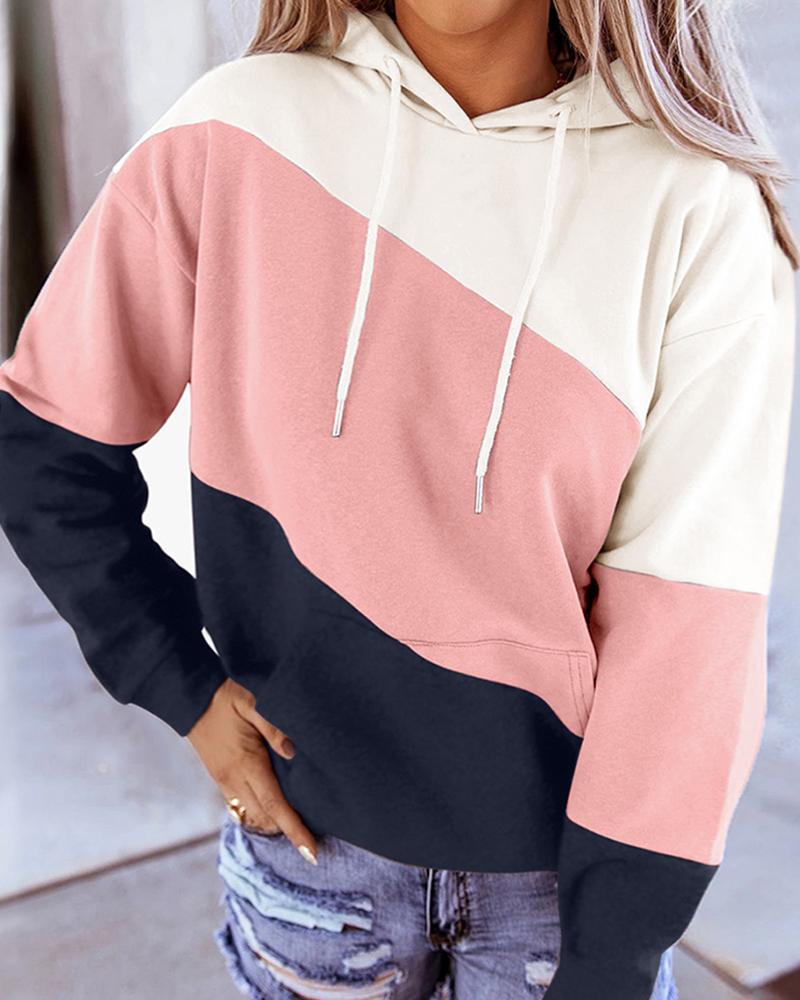 

Tie Dye Print Colorblock Casual Hooded Top, Pink