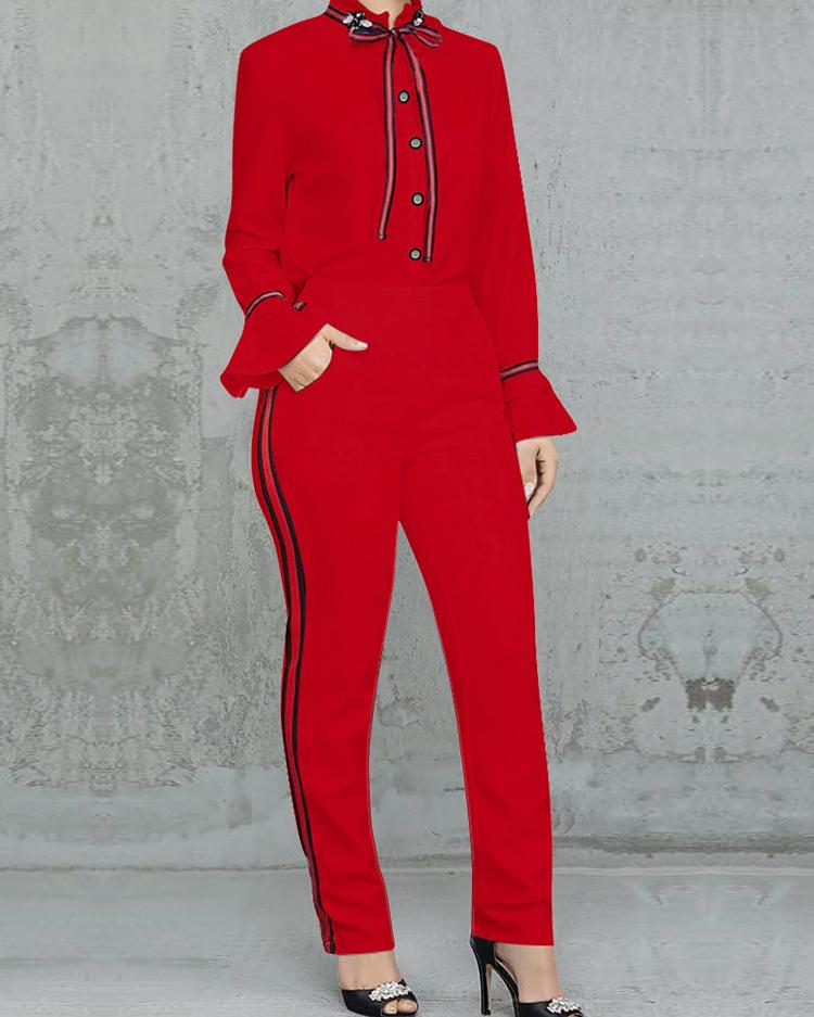 

Tied Neck Bell Sleeve Shirt & Striped Tape Side Pant Sets, Red