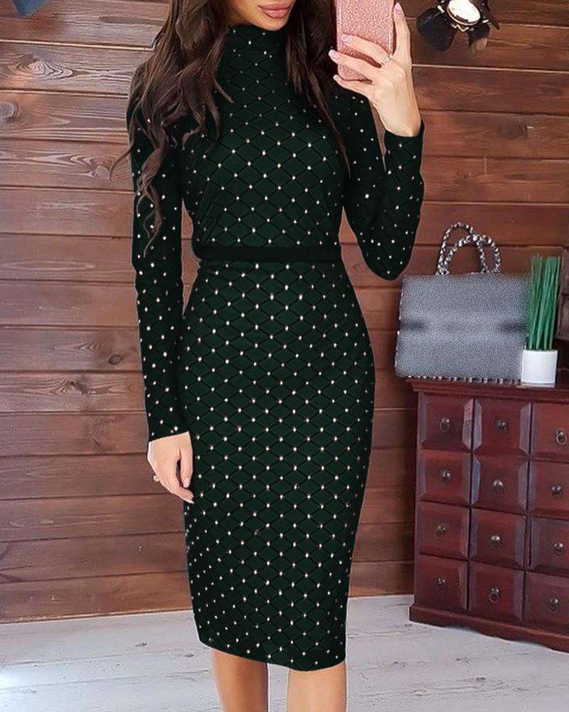 

Hot Stamping Mock Neck Plaid Long Sleeve Bodycon Dress, Green