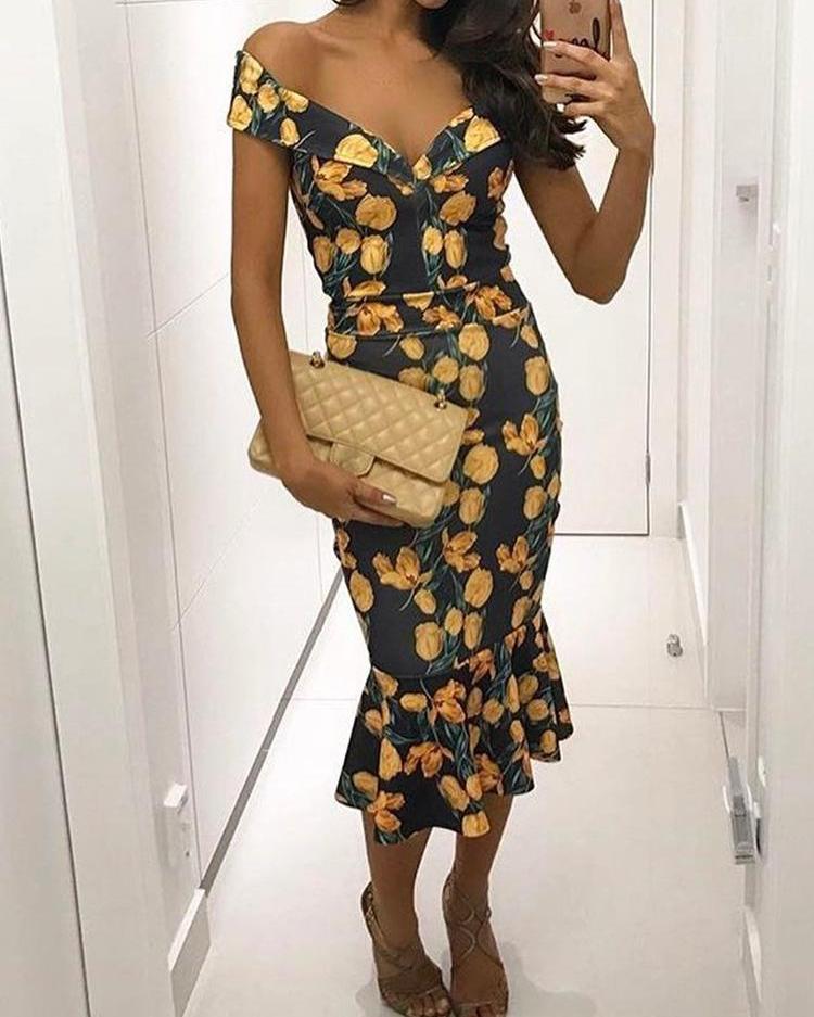 

Off Shoulder Floral Print Fishtail Bodycon Dress