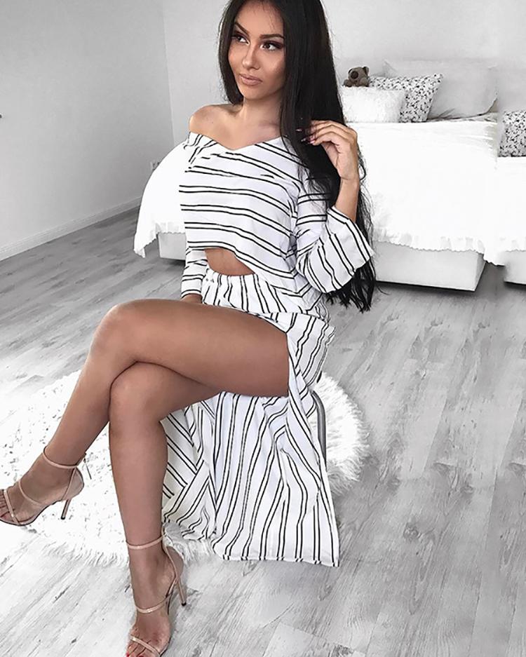 

Women Sexy V Neck Striped Side Split Set, Blue