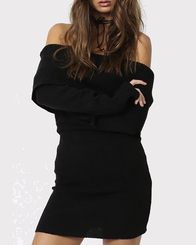 

Solid Off Shoulder Ribbed Knitting Bodycon Dress, Black