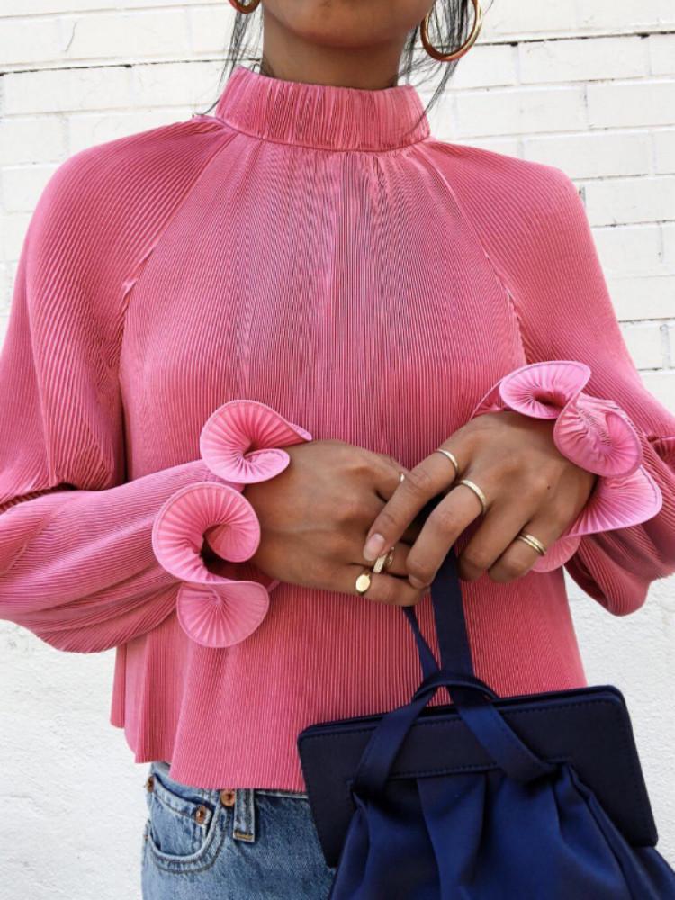 

Mock Neck Floral Cuff Kilted Blouse, Pink