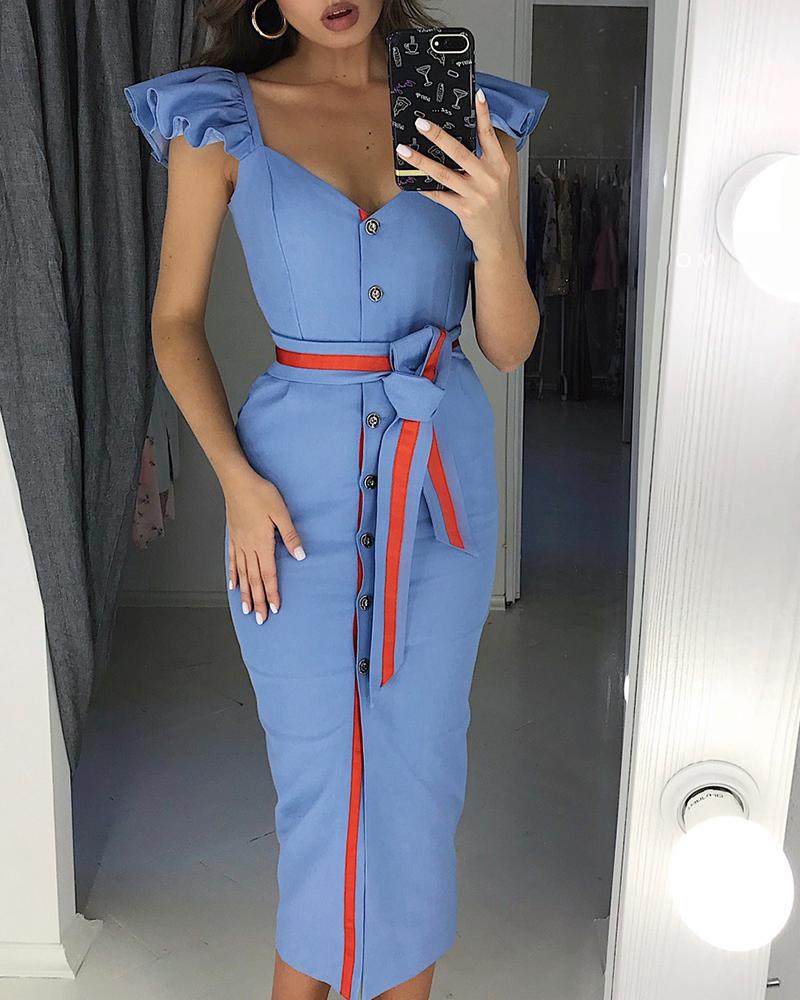

Colorblock Button Through Ruffles Dress