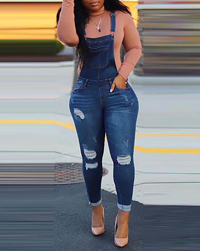 

Ripped Plain Skinny Suspender Jeans, Dark blue