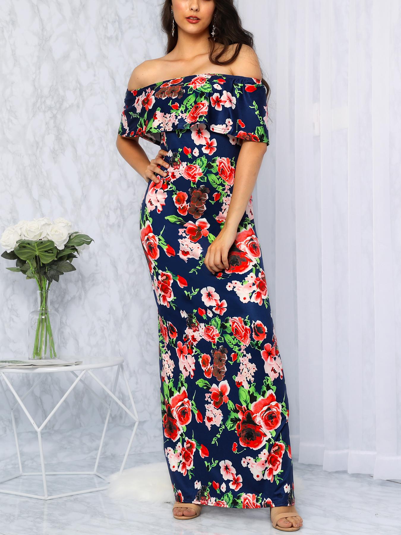 

Floral Print Off Shoulder Fold-Over Maxi Dress, Multicolor