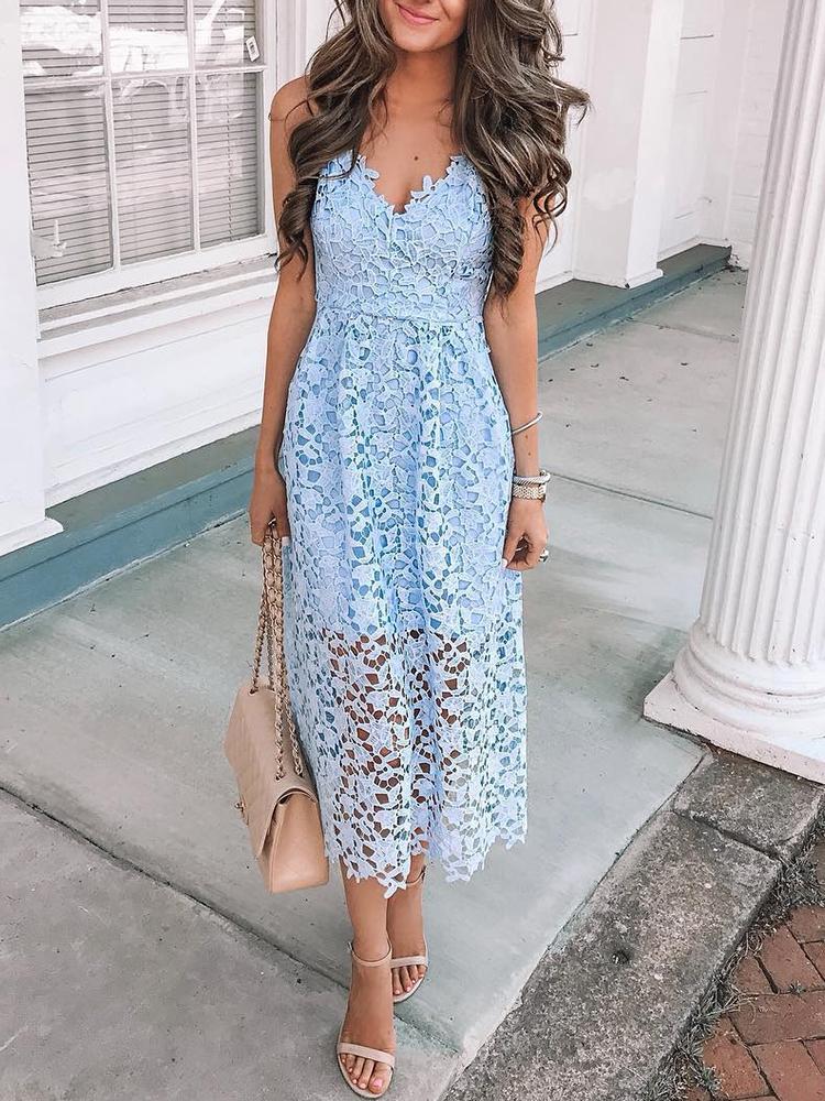 

Hollow Out Crochet Lace Overlay Pleated Dress, Blue