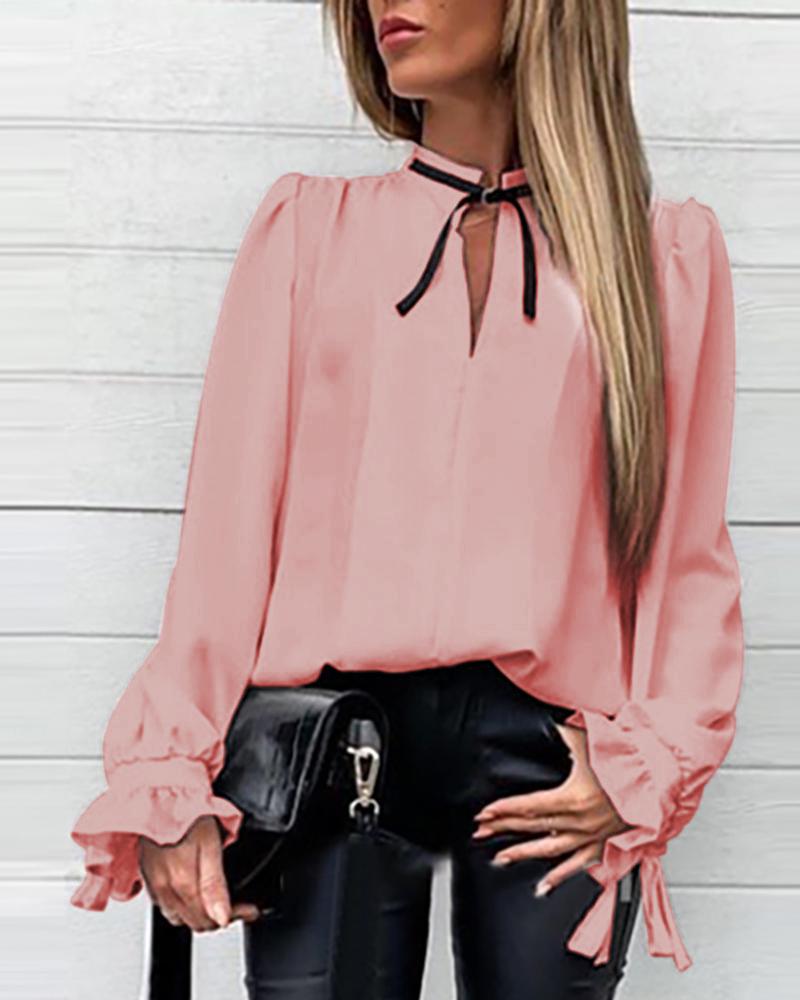 

Solid Ruffles Cuff Tied Neck Shirt, Pink