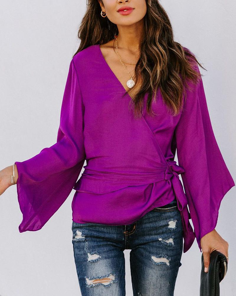 

Solid Color Lace-up Flared Sleeves Blouse, Purple