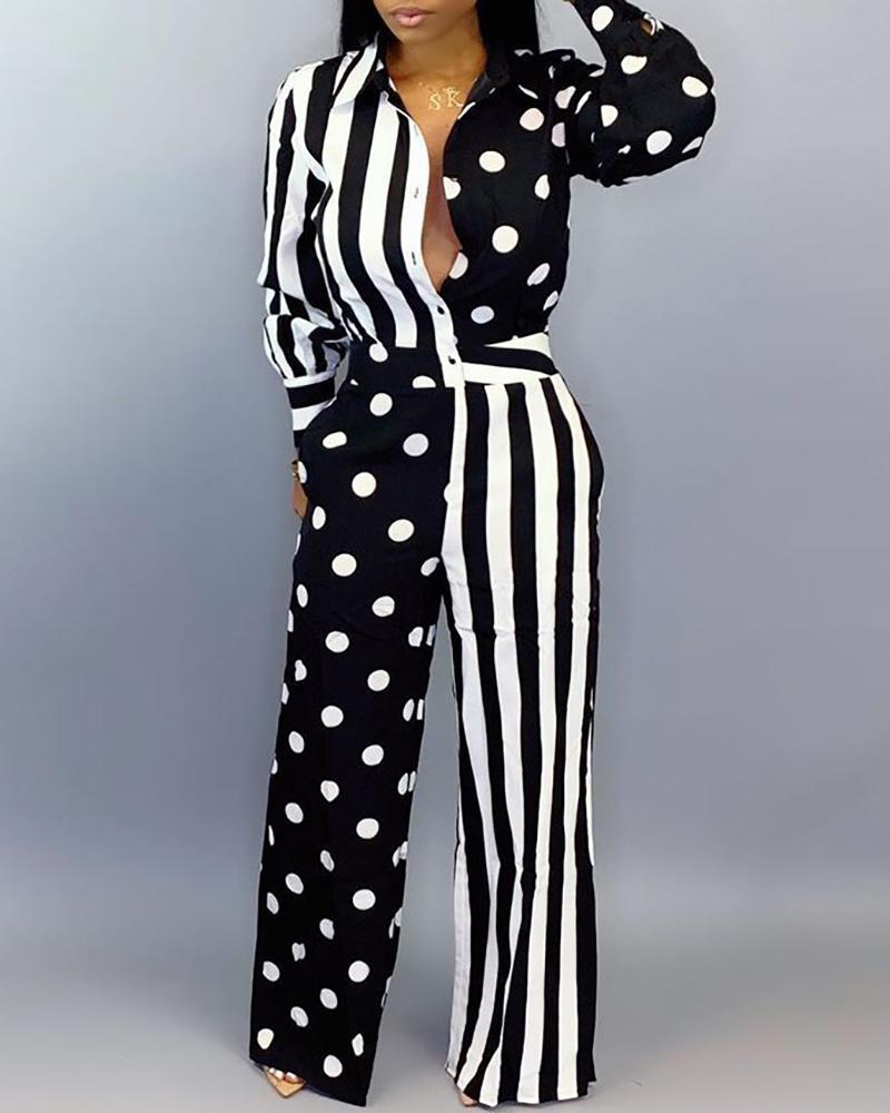 

Striped Polka Dot Print Buttoned Wide Leg Jumpsuit, Black