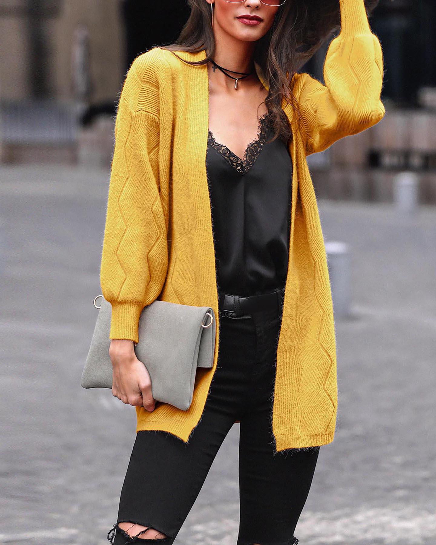 

Open Front Knit Casual Cardigan, Yellow