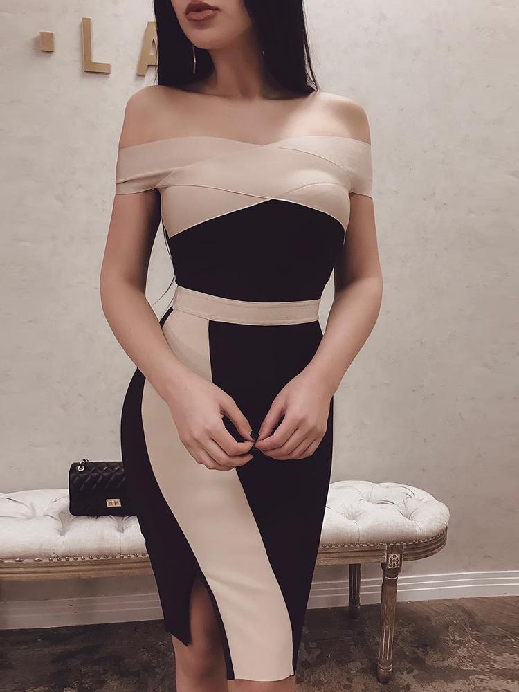 

Off Shoulder Colorblock Insert Bodycon Dress