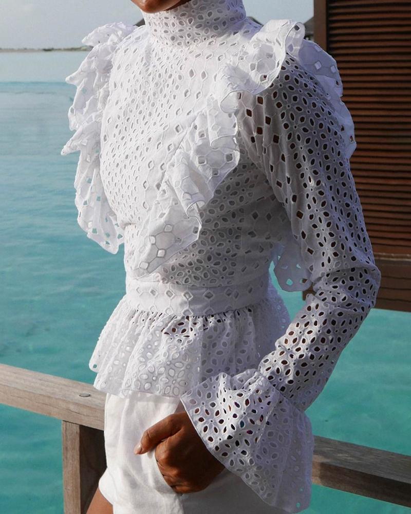 

Eyelet Hollow Out Ruffles Backless Blouse