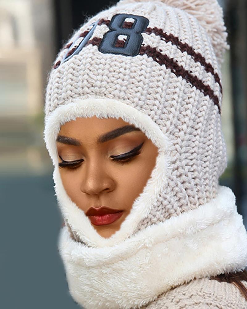 

Pom Pom Colorblock Knit Warm Beanie, Beige