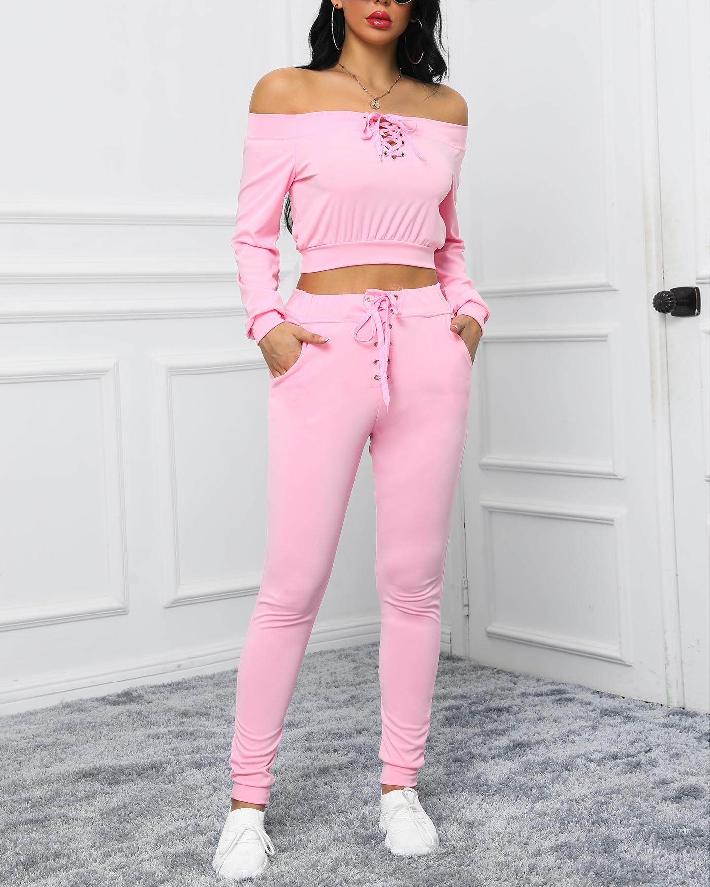 

Off Shoulder Lace-Up Top & Pant Sets, Pink