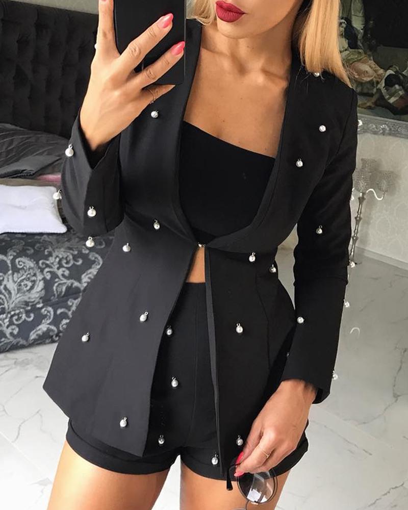 

Solid Pearl Beaded Buttoned Coat & Short Sets