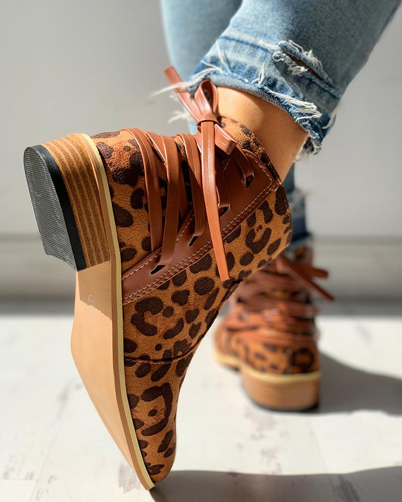 

Pointed Toe Lace-up Chunky Heeled Boots, Leopard